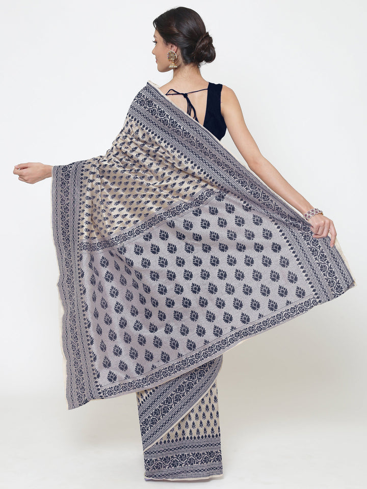 Cream Grey Cotton Silk saree with handloom weaving floral patterns and a broad border
