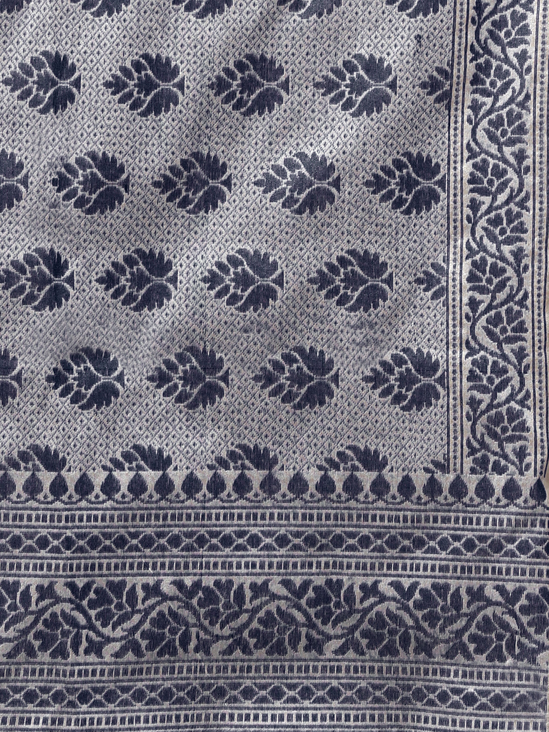 Cream Grey Cotton Silk saree with handloom weaving floral patterns and a broad border
