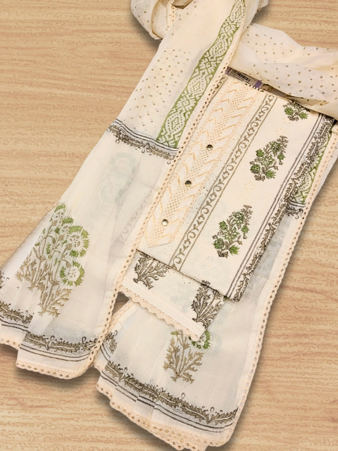 Chhabra 555 Chikankari Embroidery Unstitched Cotton Suit Dupatta Set with Block Print Floral Motifs 