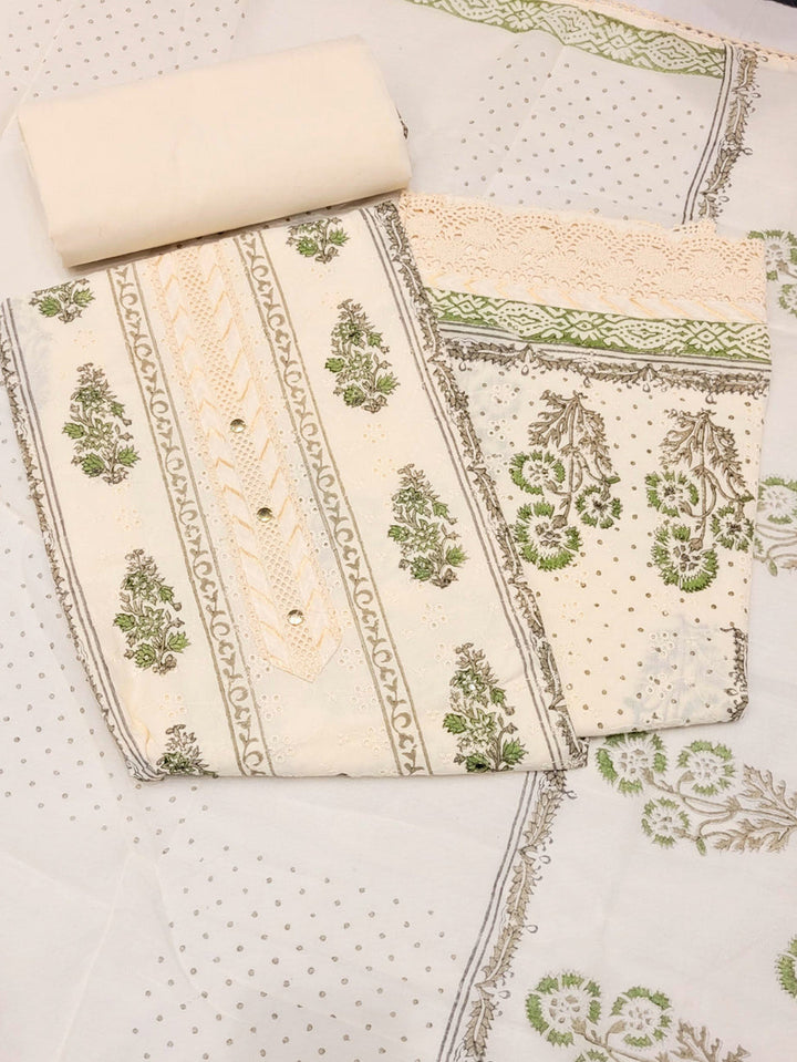 Chikankari Embroidery Unstitched Cotton Suit Dupatta Set with Block Print Floral Motifs