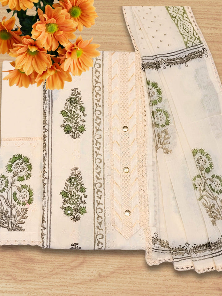 Chikankari Embroidery Unstitched Cotton Suit Dupatta Set with Block Print Floral Motifs