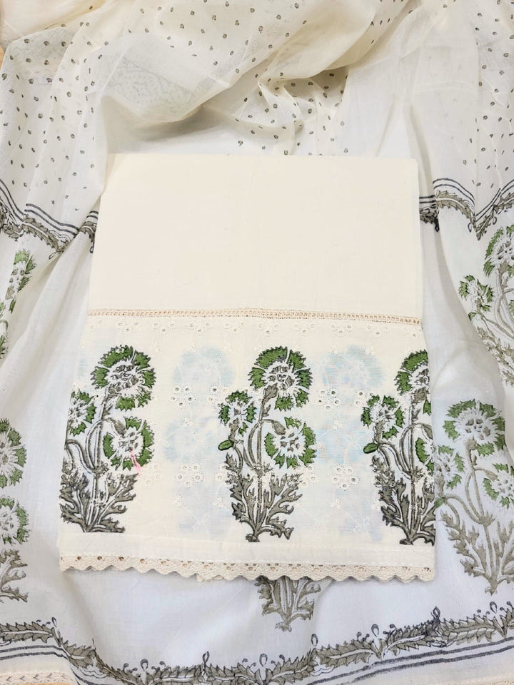 Chikankari Embroidery Unstitched Cotton Suit Dupatta Set with Block Print Floral Motifs