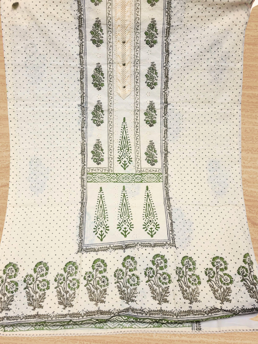 Chikankari Embroidery Unstitched Cotton Suit Dupatta Set with Block Print Floral Motifs