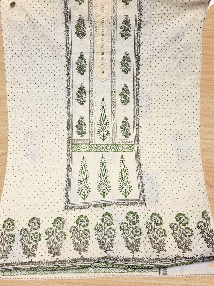 Chikankari Embroidery Unstitched Cotton Suit Dupatta Set with Block Print Floral Motifs