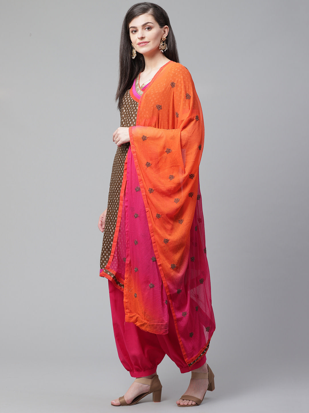 Brown Printed Cotton Dress Material with  Bright Color Blocking and Zari Borders