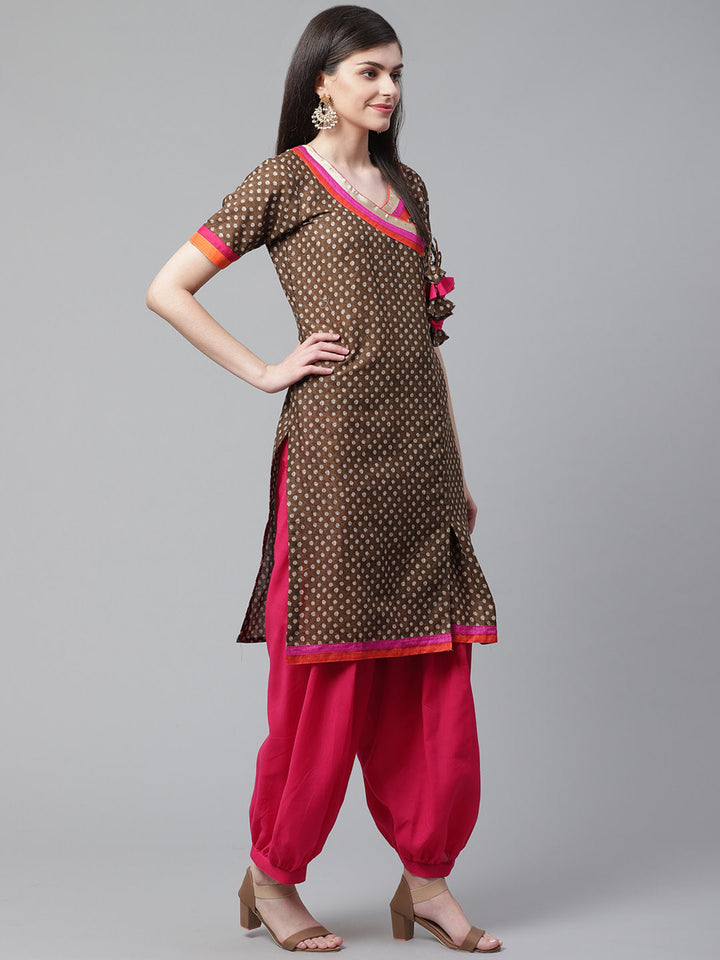 Brown Printed Cotton Dress Material with  Bright Color Blocking and Zari Borders