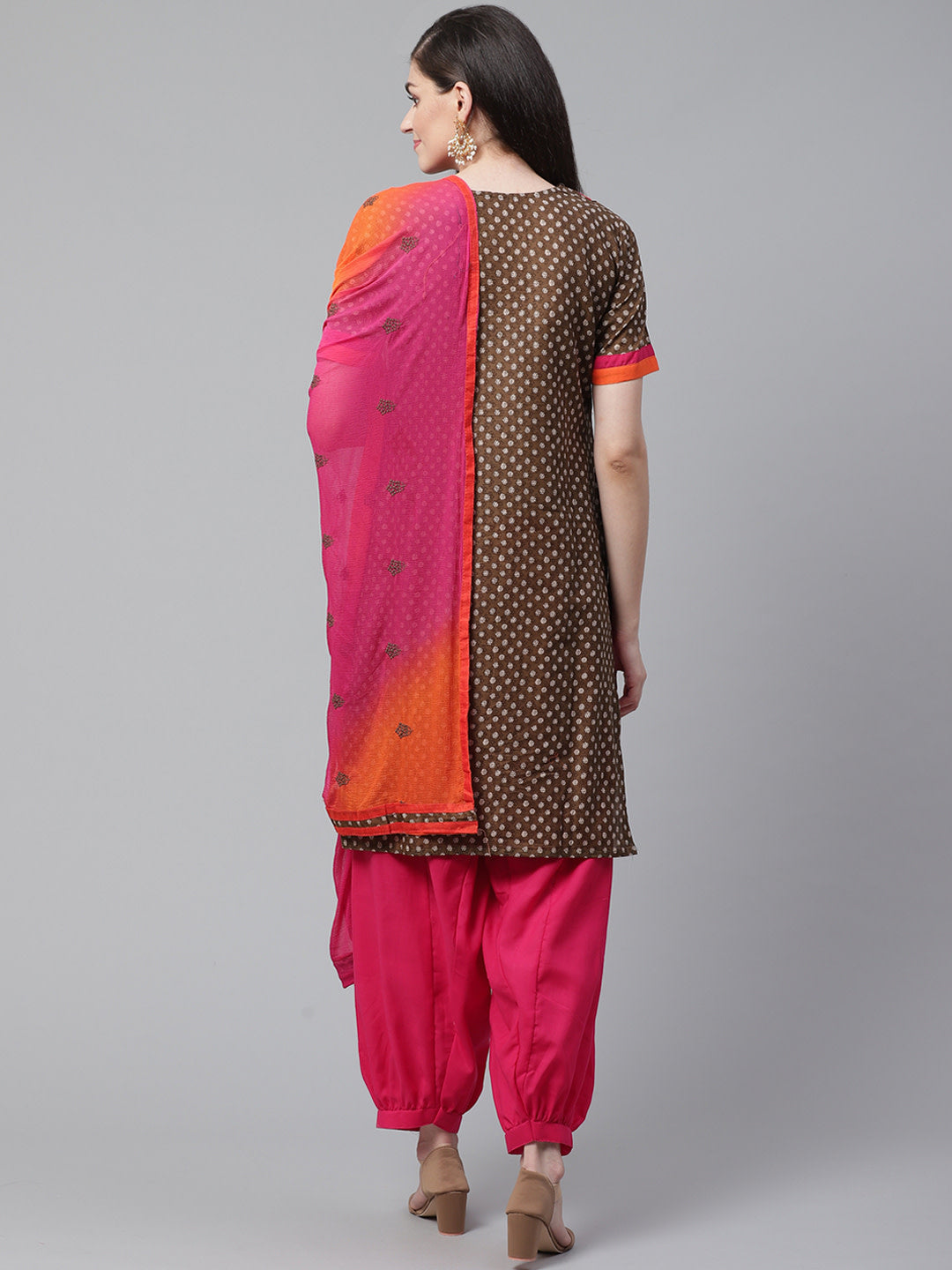 Brown Printed Cotton Dress Material with  Bright Color Blocking and Zari Borders