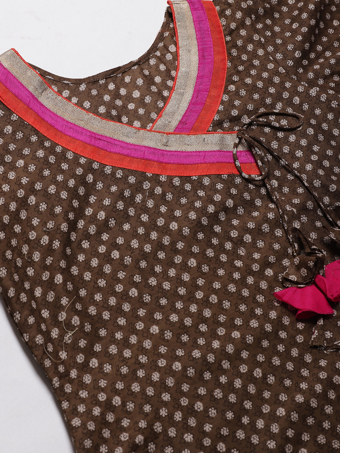 Brown Printed Cotton Dress Material with  Bright Color Blocking and Zari Borders