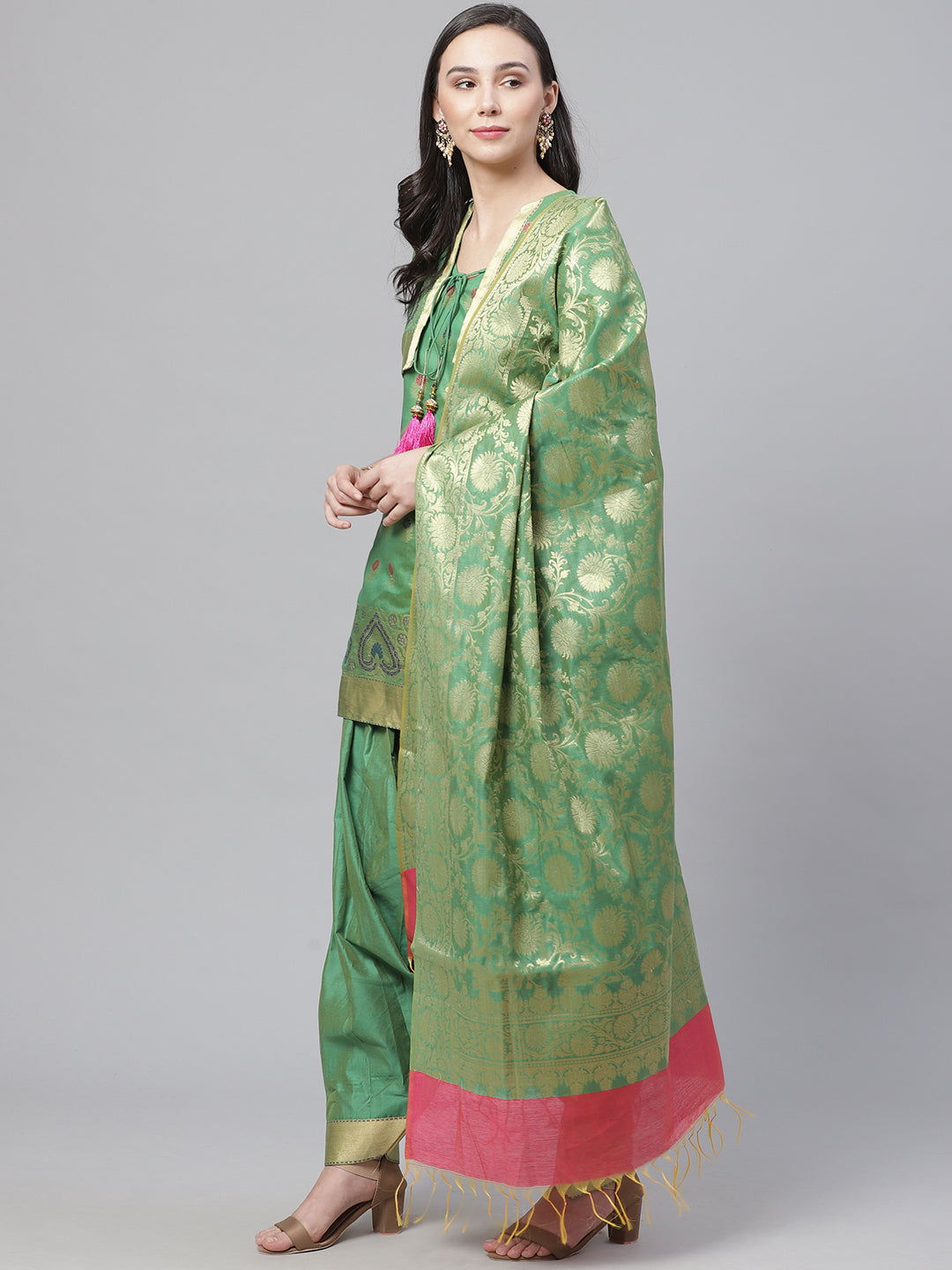 Handloom Chanderi Stitched Suit with Resham Gold Weave Floral Pattern & Matching Jacket