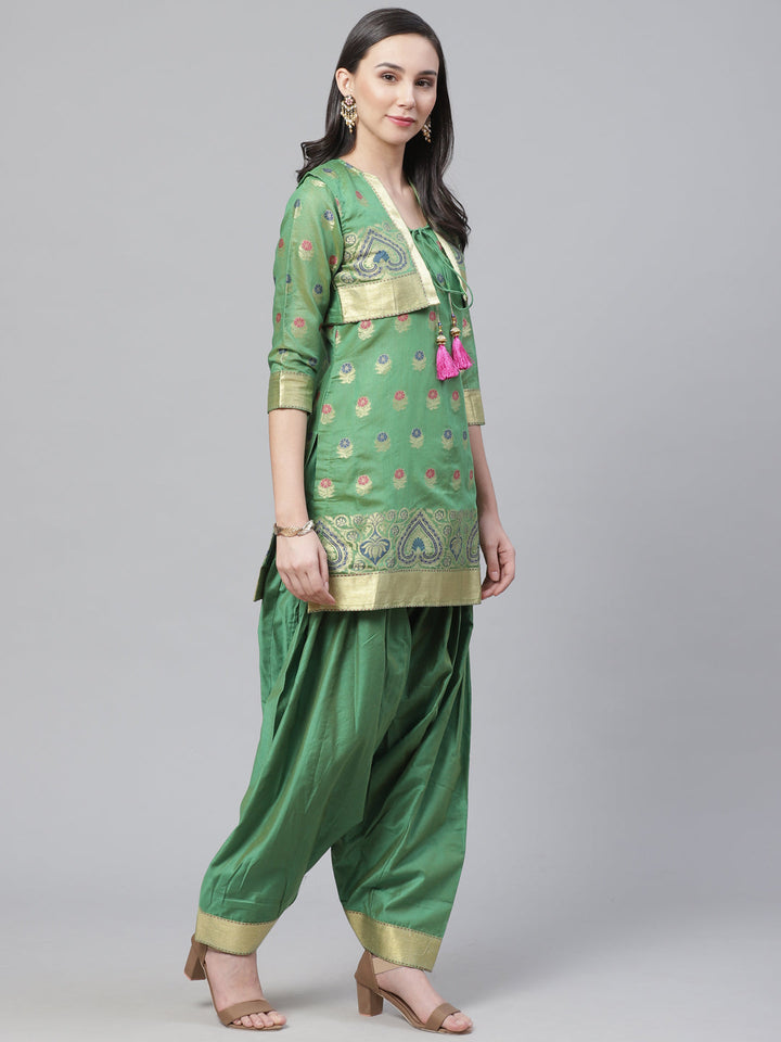 Handloom Chanderi Stitched Suit with Resham Gold Weave Floral Pattern & Matching Jacket