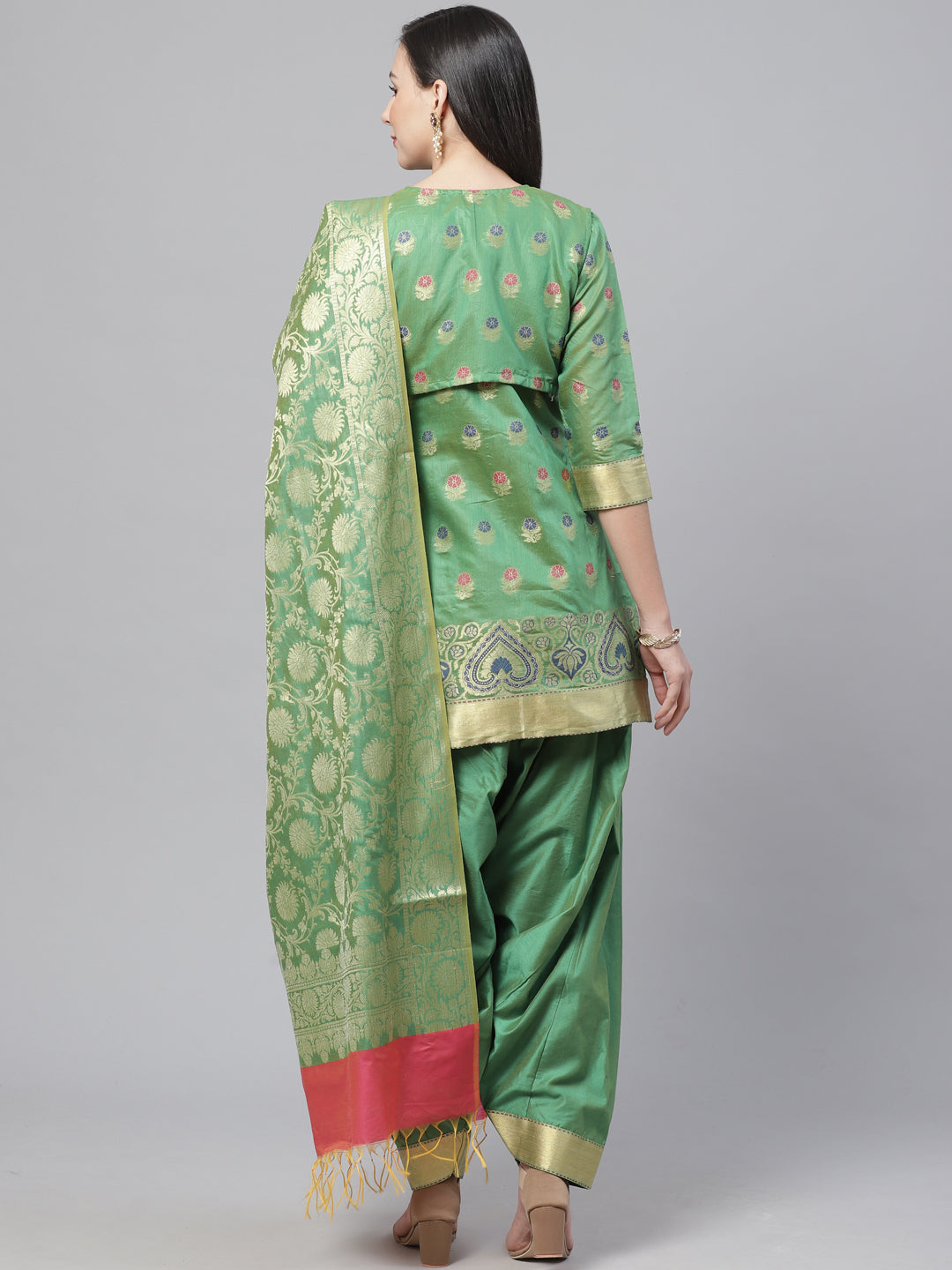 Handloom Chanderi Stitched Suit with Resham Gold Weave Floral Pattern & Matching Jacket