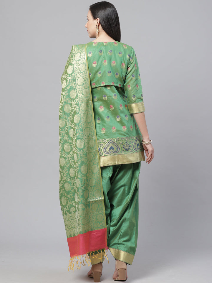 Handloom Chanderi Stitched Suit with Resham Gold Weave Floral Pattern & Matching Jacket