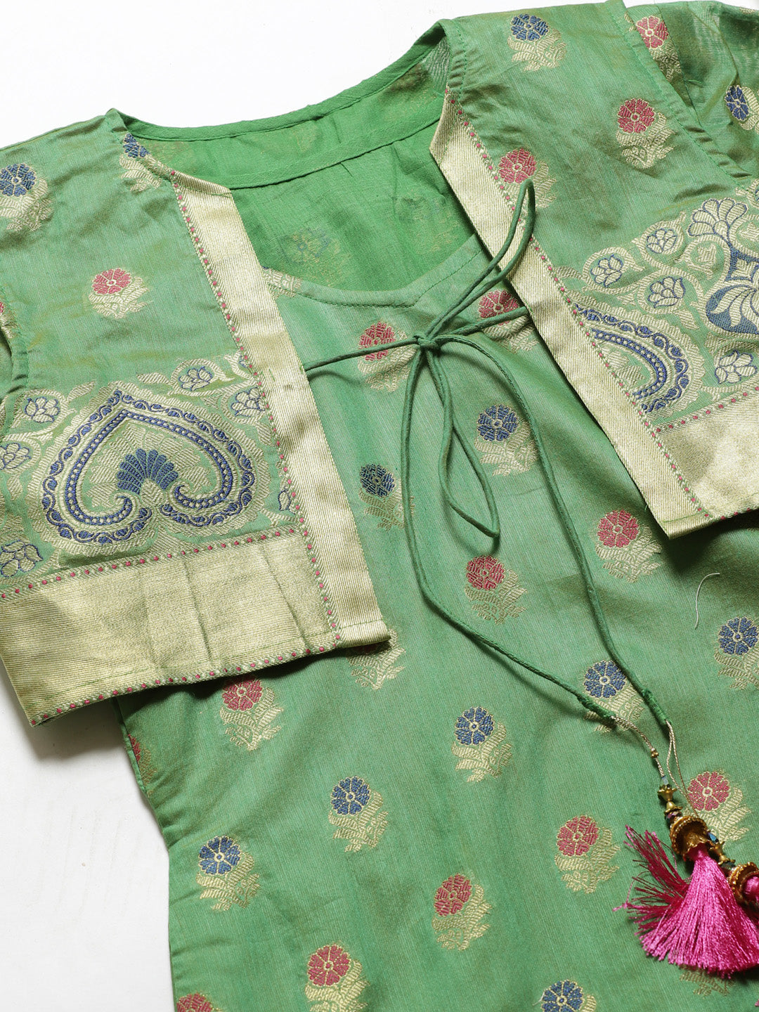 Handloom Chanderi Stitched Suit with Resham Gold Weave Floral Pattern & Matching Jacket