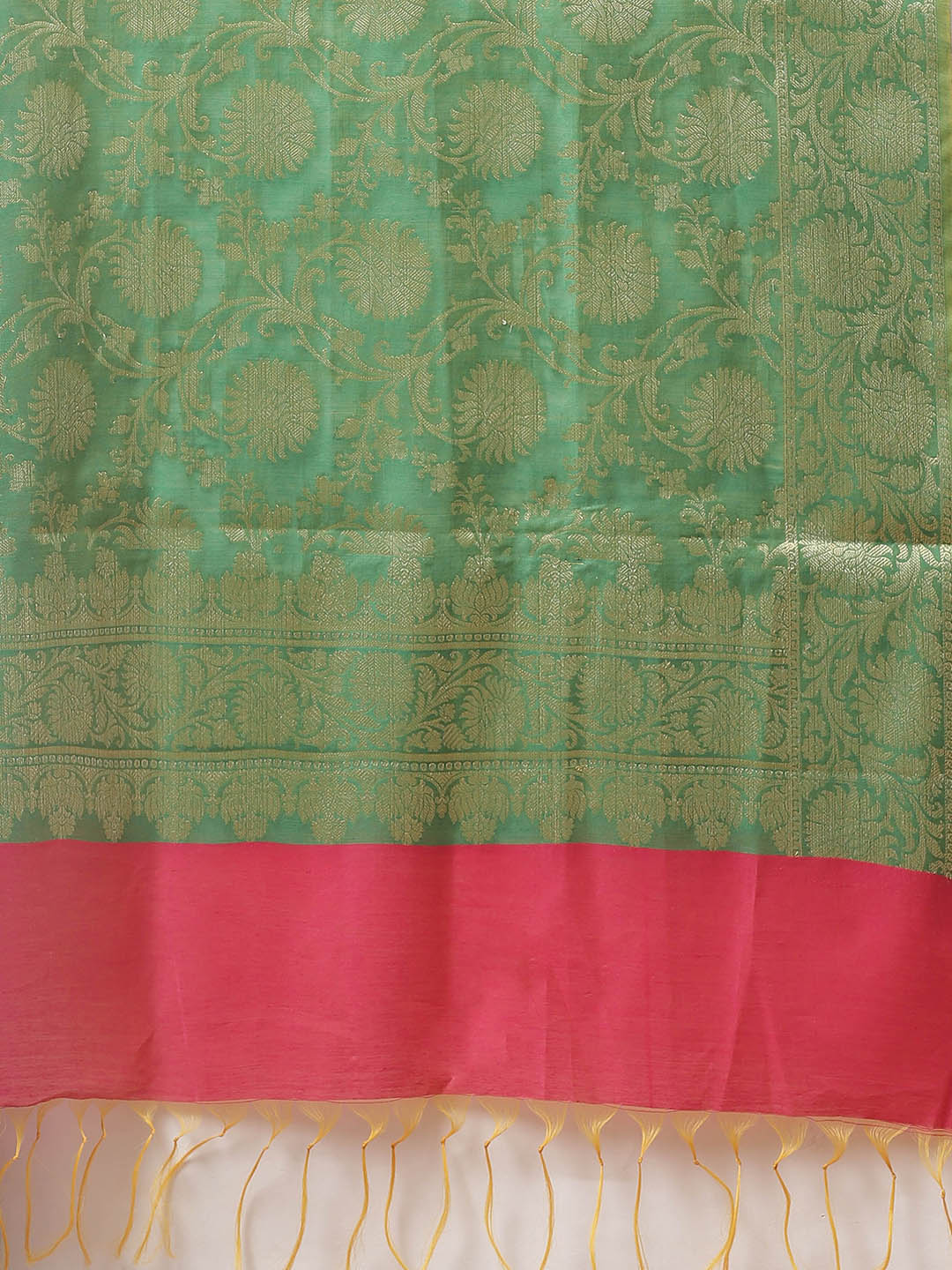 Handloom Chanderi Stitched Suit with Resham Gold Weave Floral Pattern & Matching Jacket