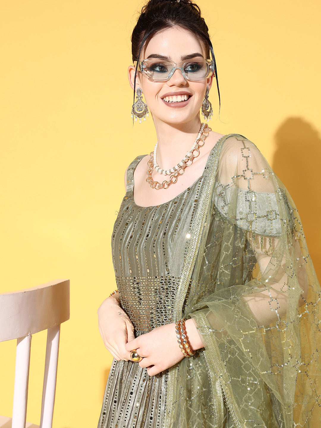 Olive Green Off Shoulder Peplum Lehanga Set with Net Dupatta