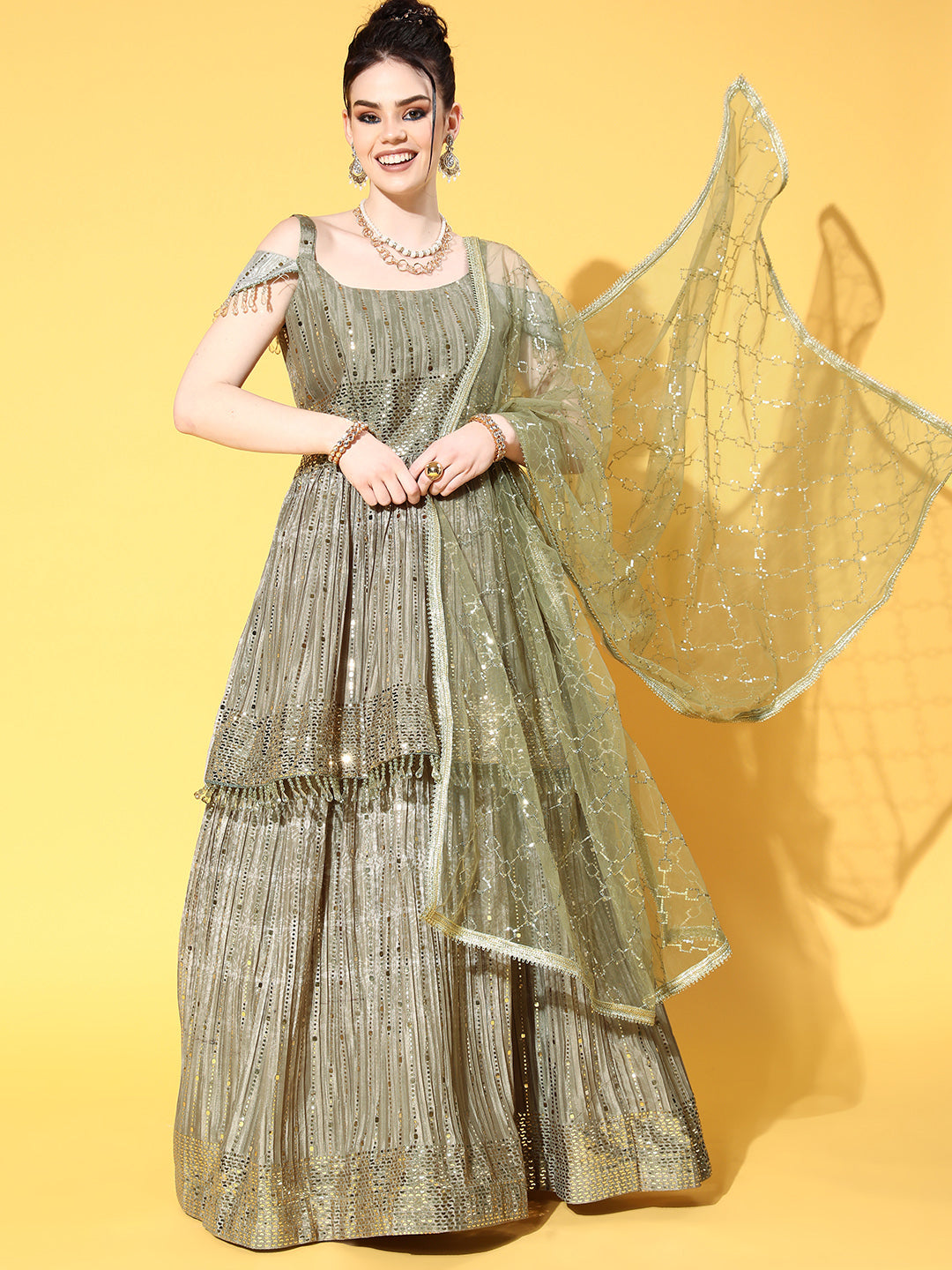 Olive Green Off Shoulder Peplum Lehanga Set with Net Dupatta