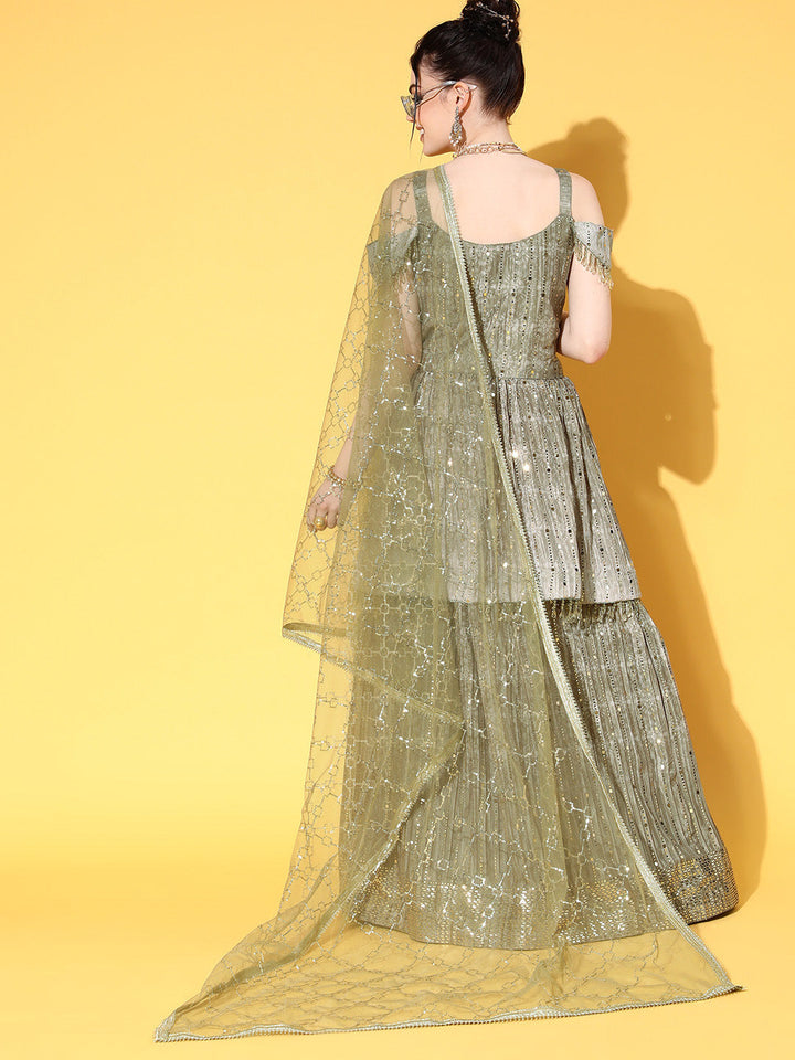 Olive Green Off Shoulder Peplum Lehanga Set with Net Dupatta