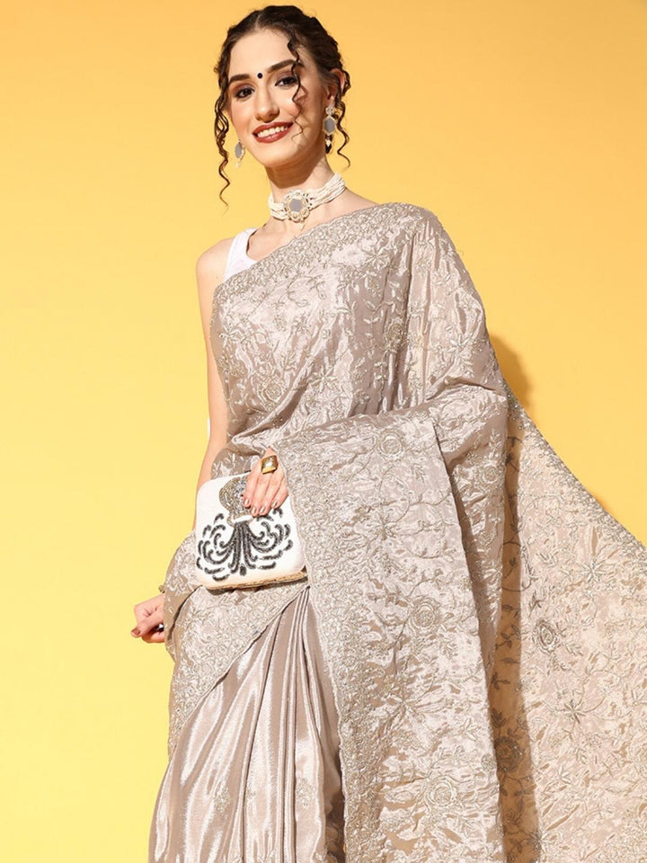 Taupe Resham & Zari Floral Embroidered Saree with Embellished Roses