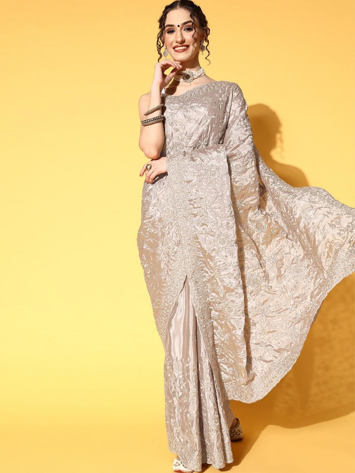 Taupe Resham & Zari Floral Embroidered Saree with Embellished Roses