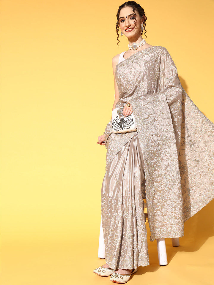 Taupe Resham & Zari Floral Embroidered Saree with Embellished Roses