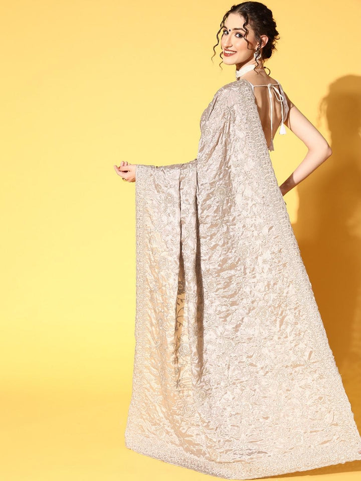 Taupe Resham & Zari Floral Embroidered Saree with Embellished Roses
