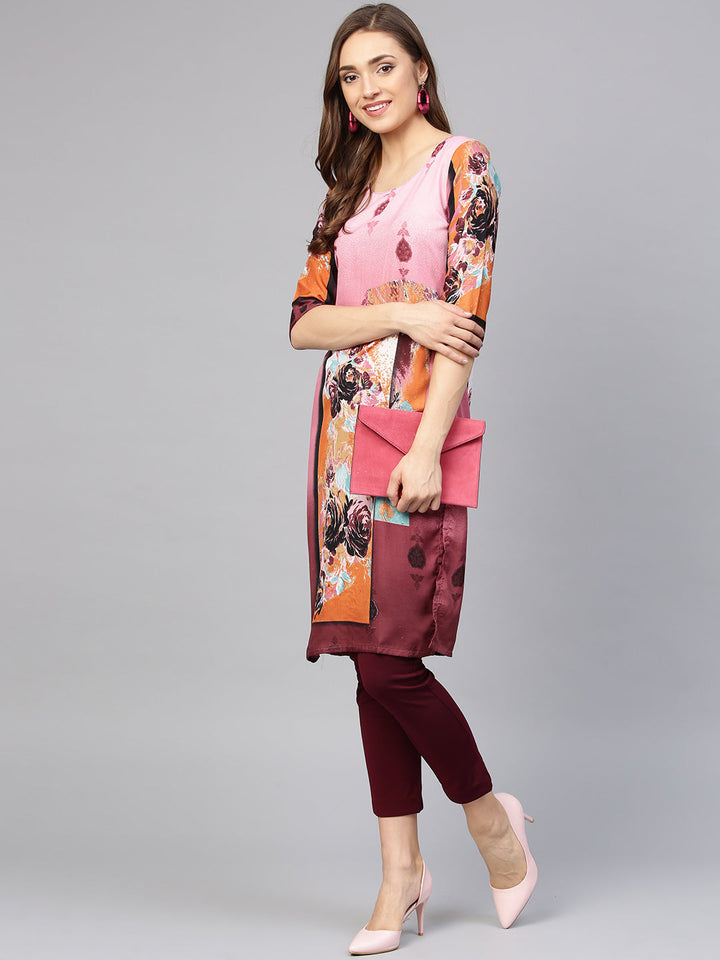 Pink Printed Straight Kurta with floral motifs