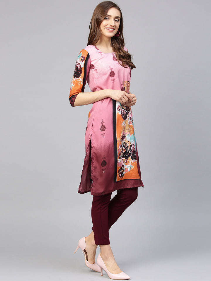 Pink Printed Straight Kurta with floral motifs