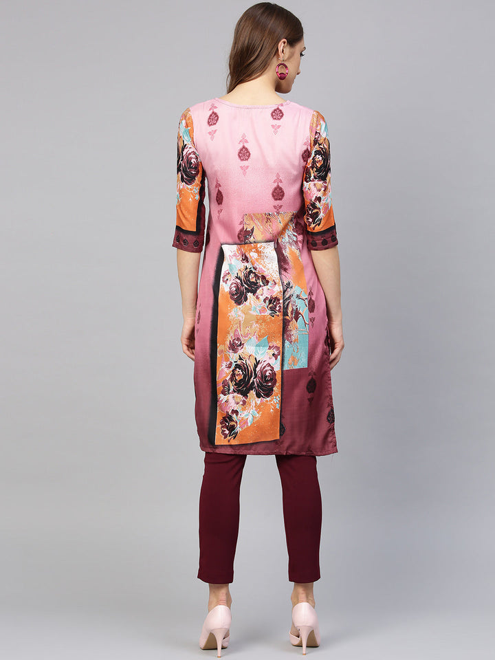 Pink Printed Straight Kurta with floral motifs