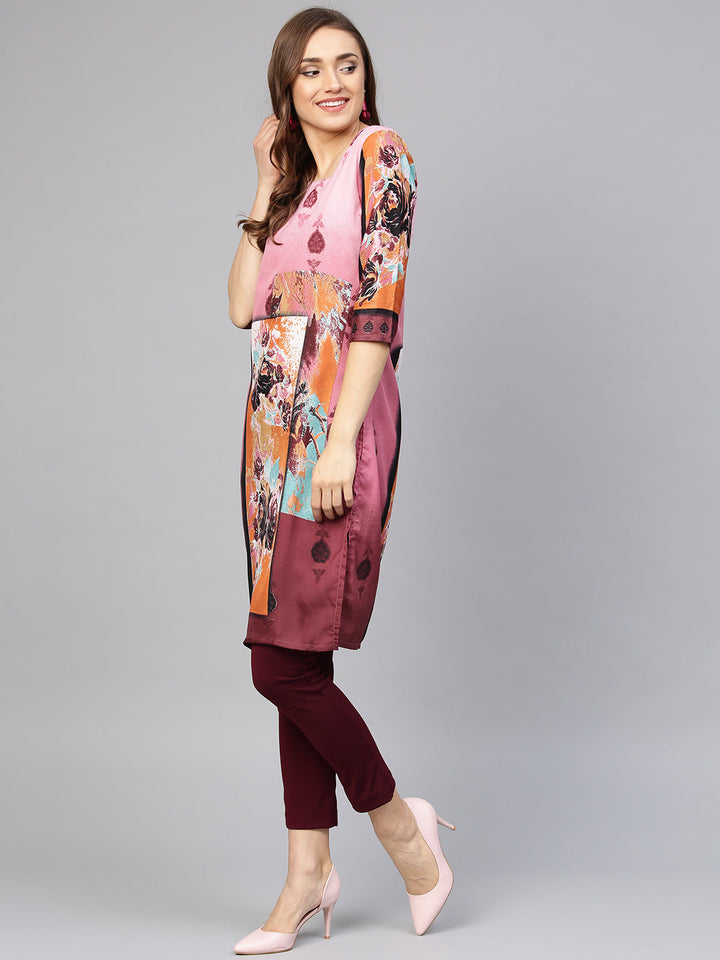 Pink Printed Straight Kurta with floral motifs