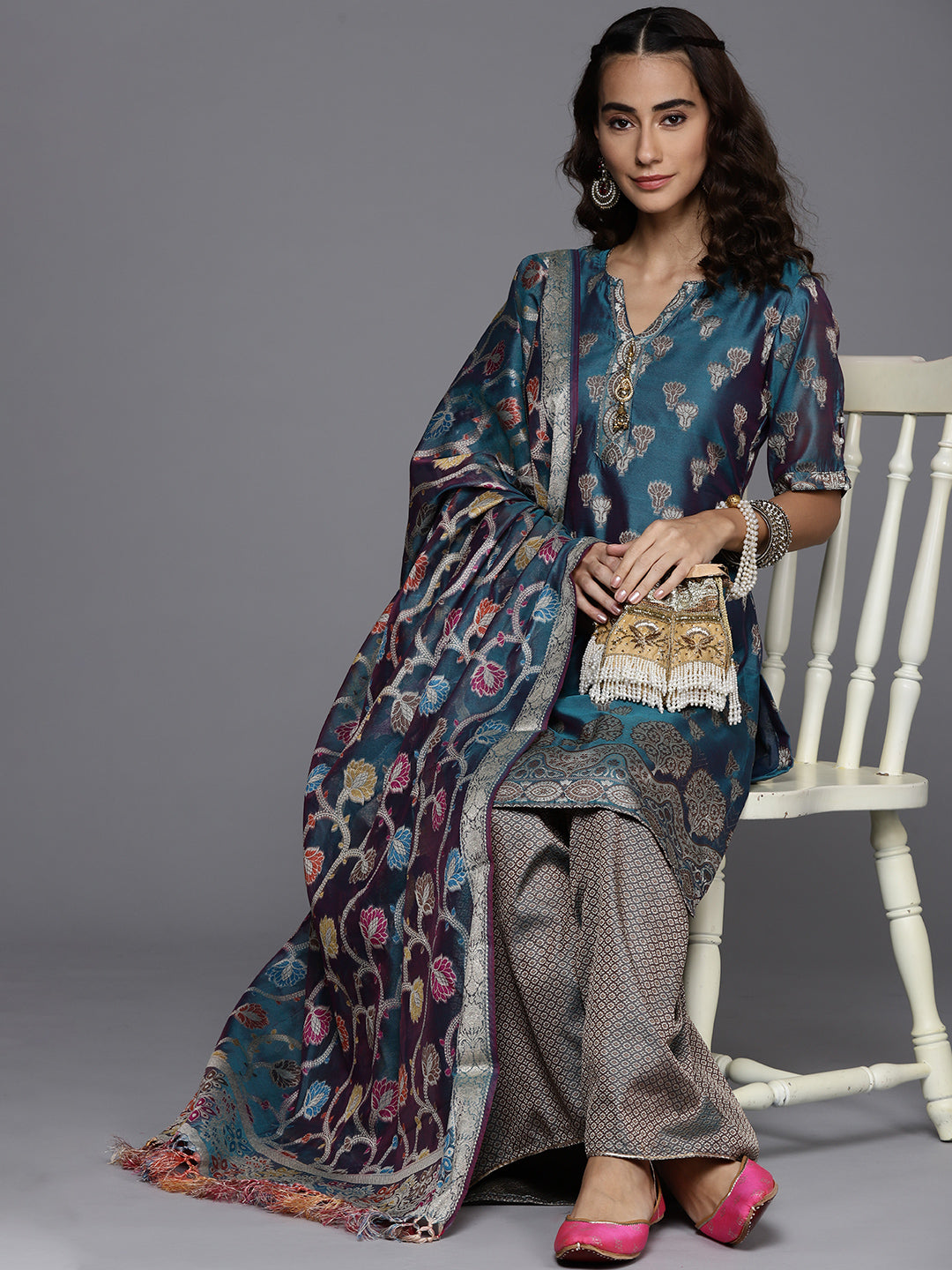 Banarasi Ethnic Weaving Unstitched Suit Salwar Set & Handloom Dupatta