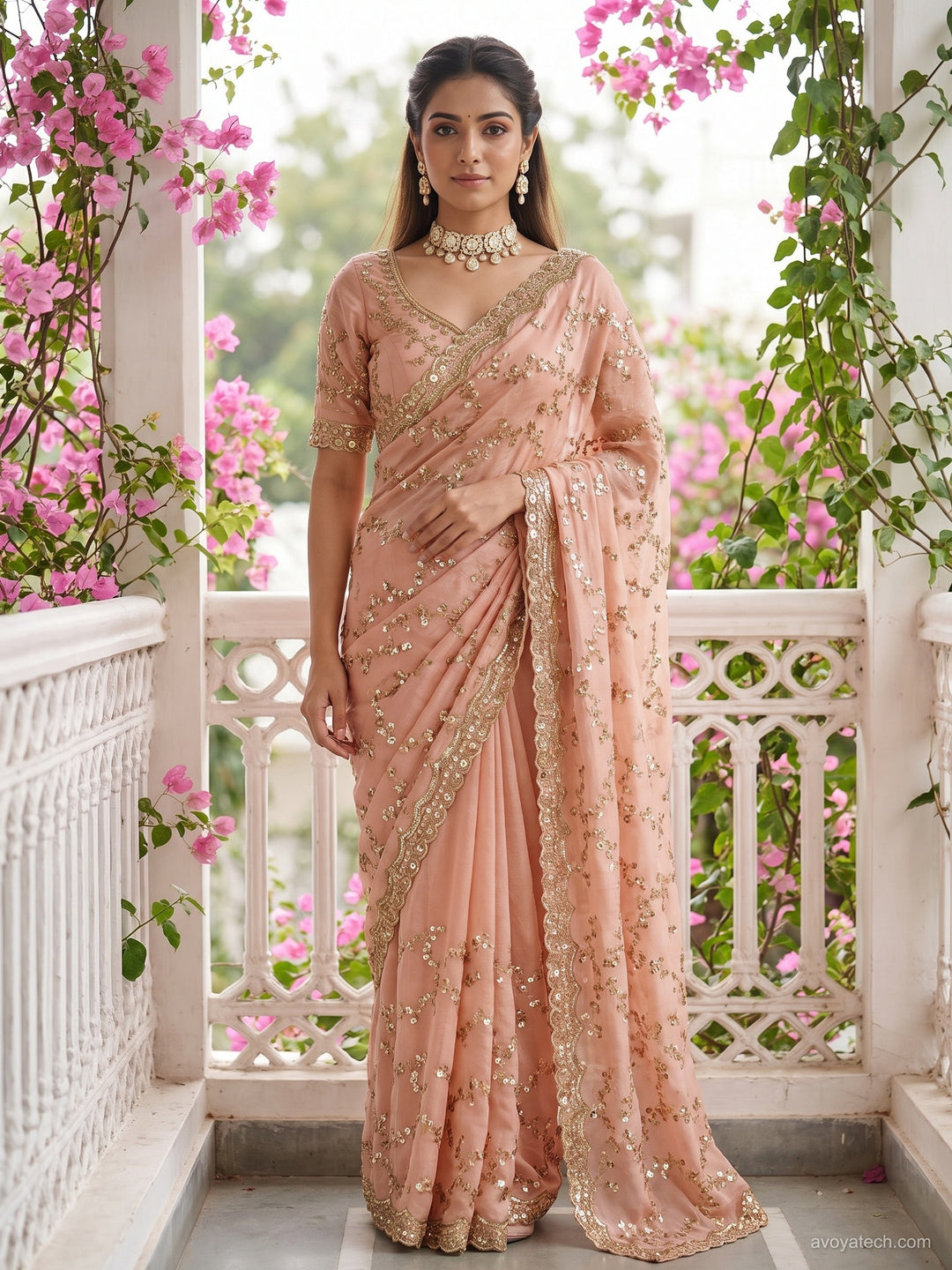 Peach Sequin Embroidered Floral Vine Saree with Scalloped Border