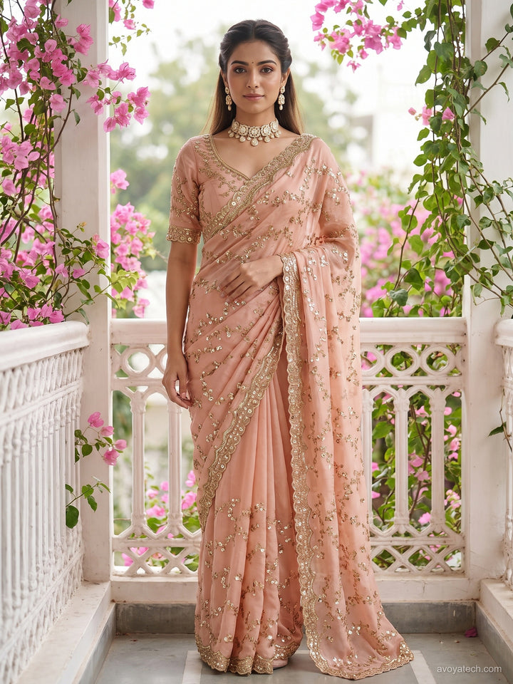 Peach Sequin Embroidered Floral Vine Saree with Scalloped Border
