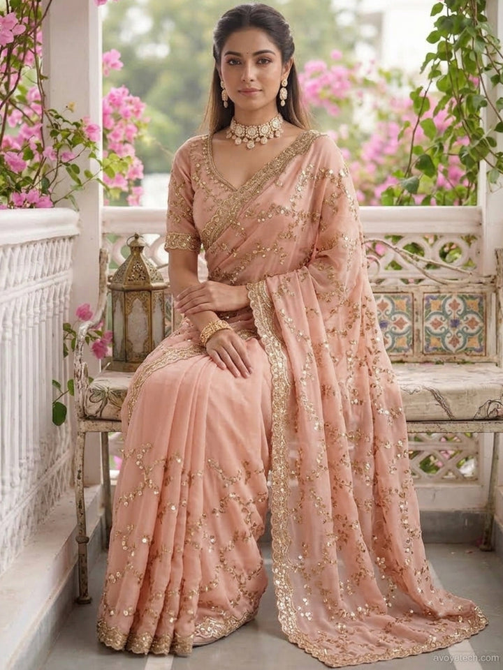 Peach Sequin Embroidered Floral Vine Saree with Scalloped Border