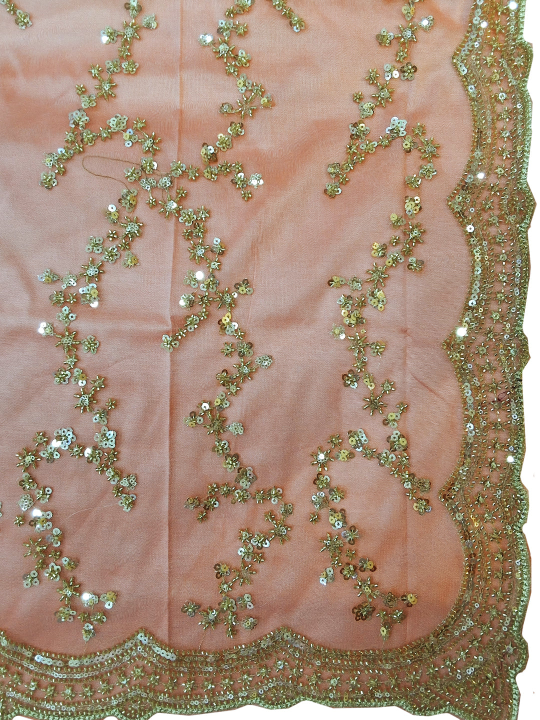 Peach Sequin Embroidered Floral Vine Saree with Scalloped Border