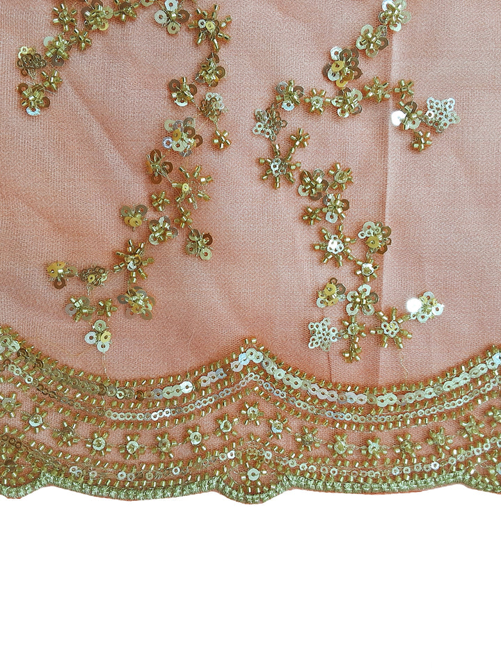 Peach Sequin Embroidered Floral Vine Saree with Scalloped Border