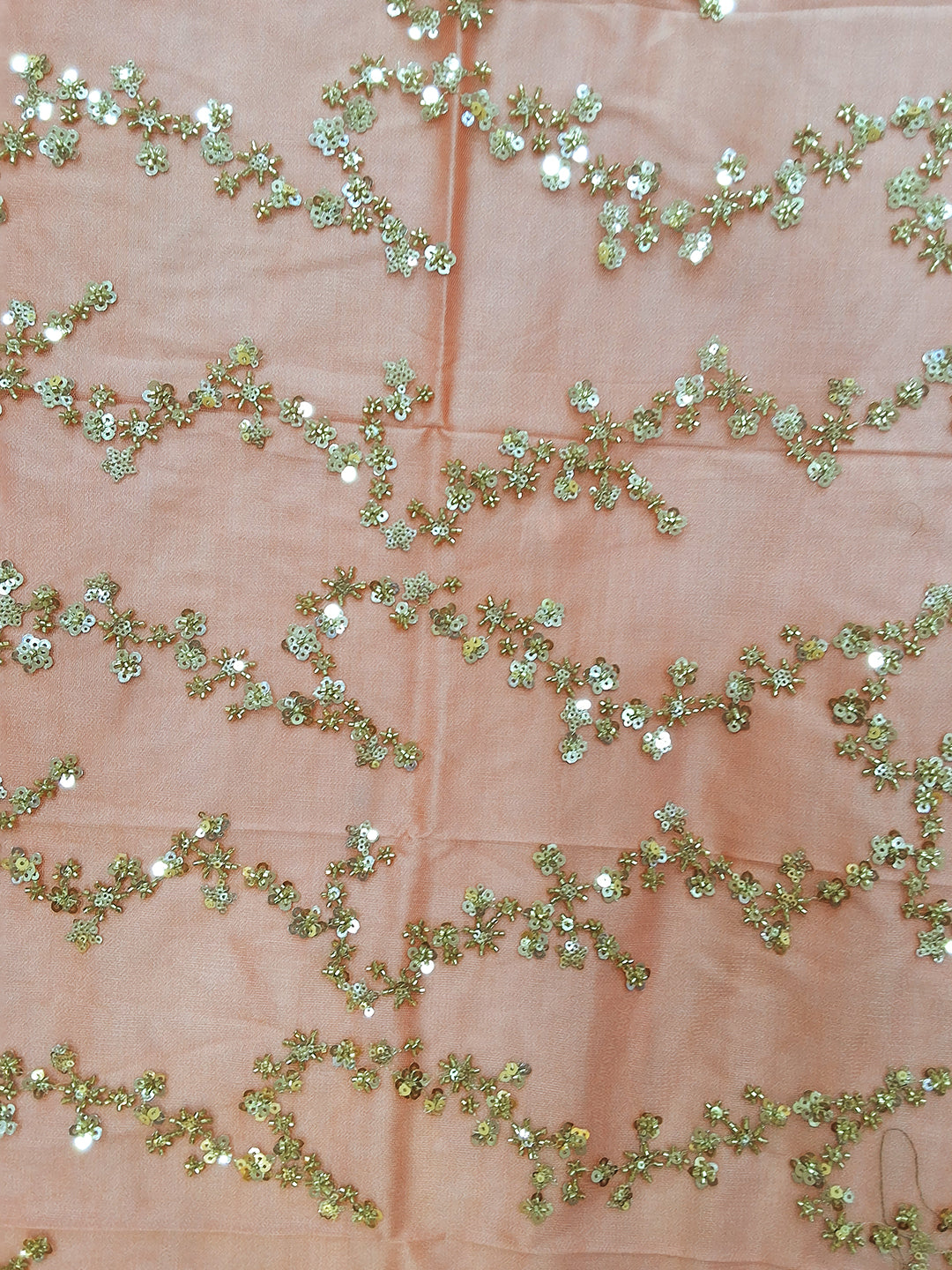 Peach Sequin Embroidered Floral Vine Saree with Scalloped Border
