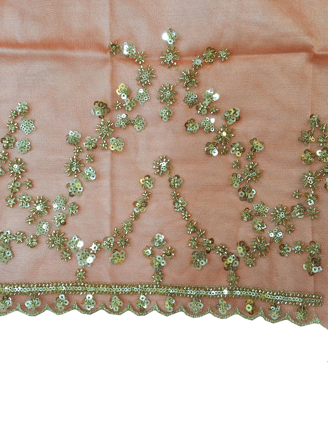 Peach Sequin Embroidered Floral Vine Saree with Scalloped Border