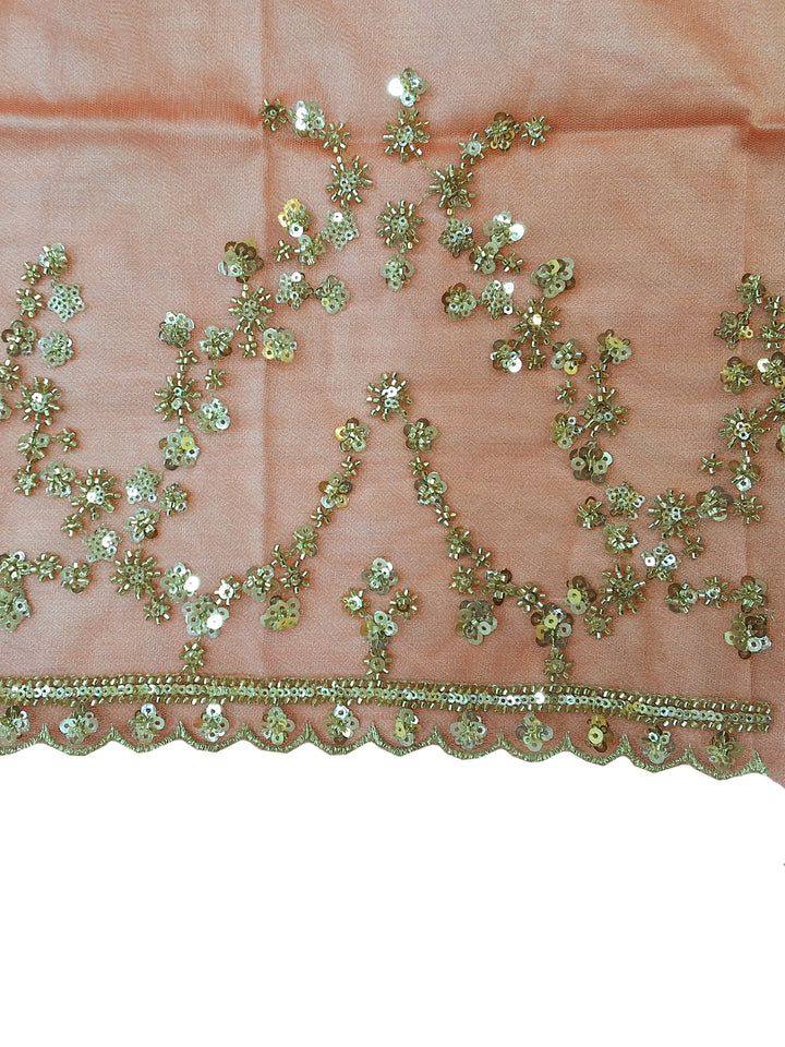 Peach Sequin Embroidered Floral Vine Saree with Scalloped Border