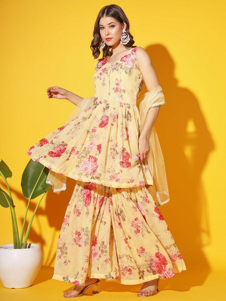 Bright Floral Georgette Peplum Kurta Sharara Set with Net Dupatta