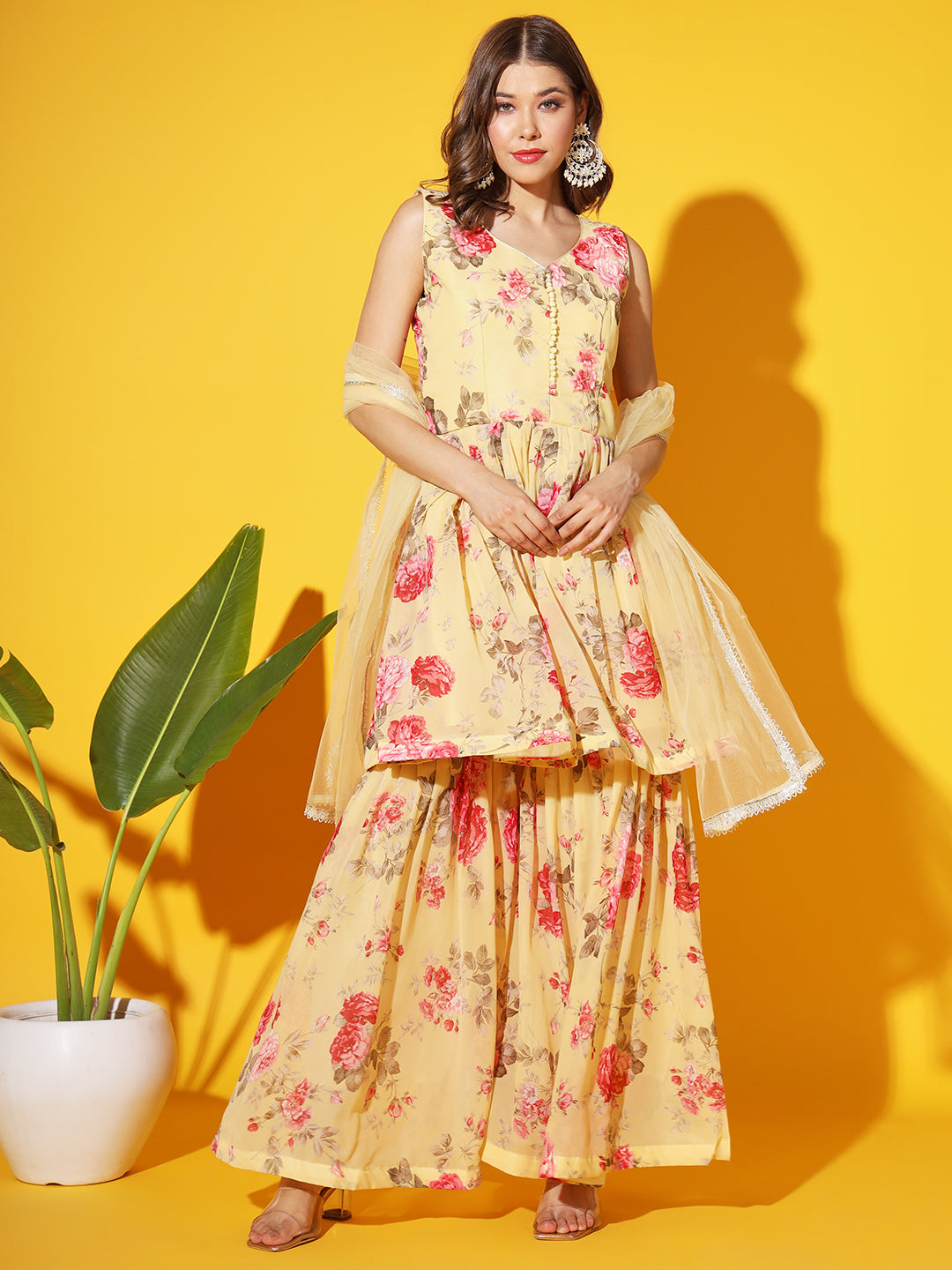 Bright Floral Georgette Peplum Kurta Sharara Set with Net Dupatta