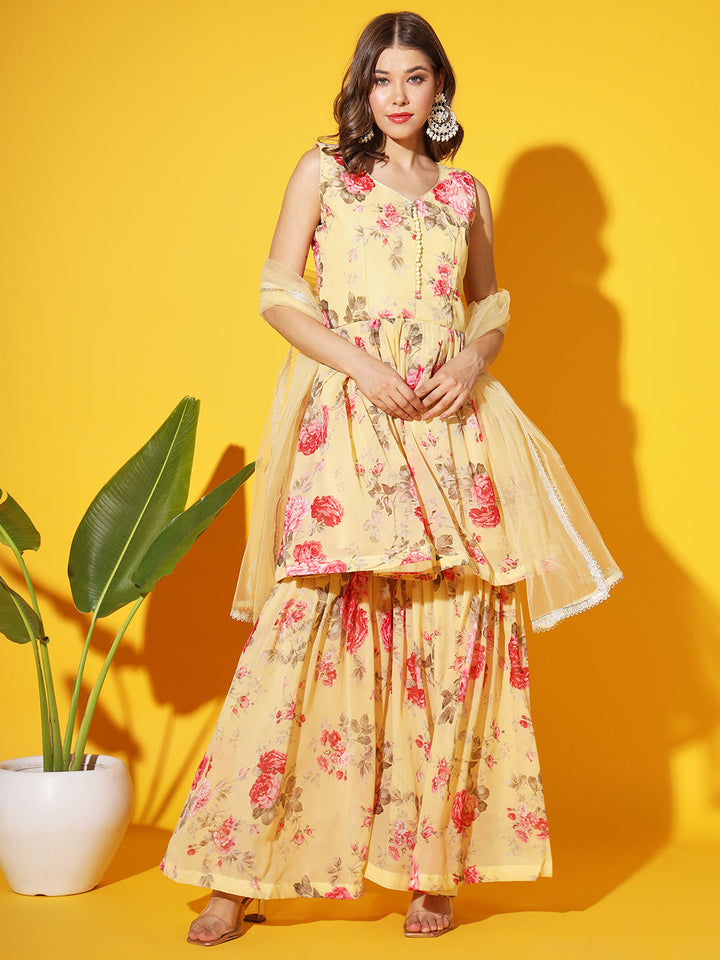 Bright Floral Georgette Peplum Kurta Sharara Set with Net Dupatta
