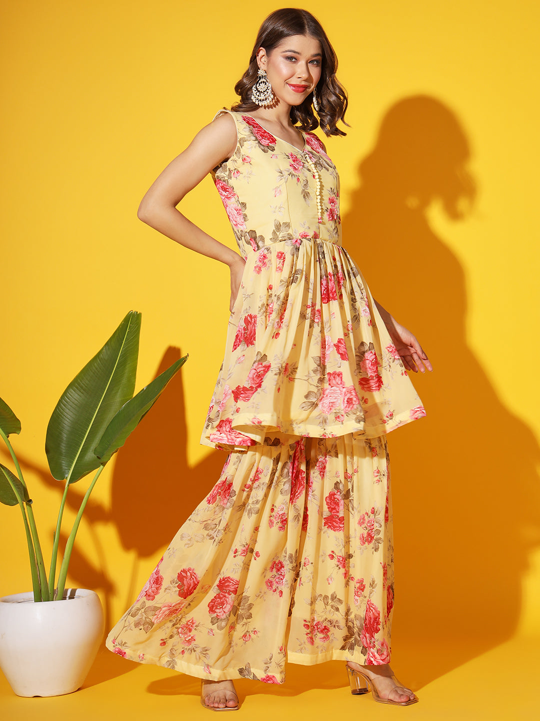 Bright Floral Georgette Peplum Kurta Sharara Set with Net Dupatta