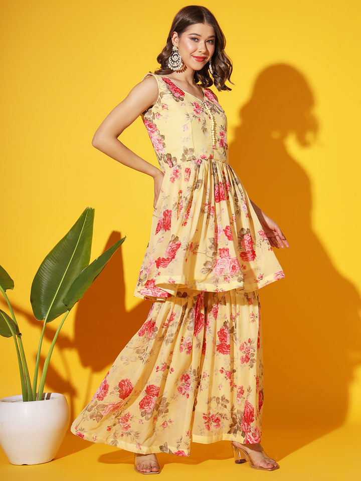 Bright Floral Georgette Peplum Kurta Sharara Set with Net Dupatta
