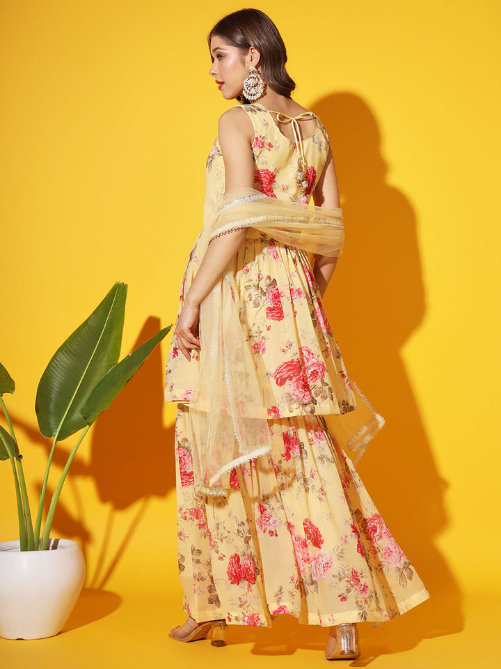 Bright Floral Georgette Peplum Kurta Sharara Set with Net Dupatta