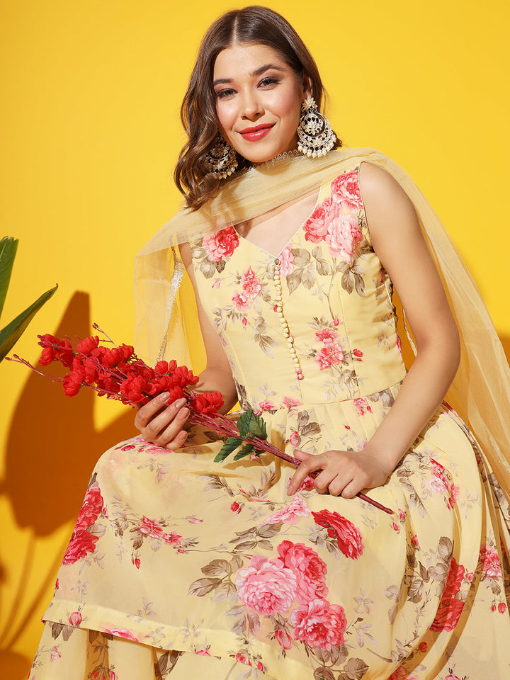 Bright Floral Georgette Peplum Kurta Sharara Set with Net Dupatta