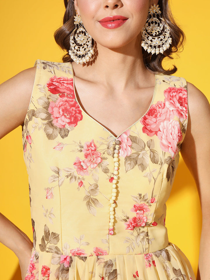 Bright Floral Georgette Peplum Kurta Sharara Set with Net Dupatta