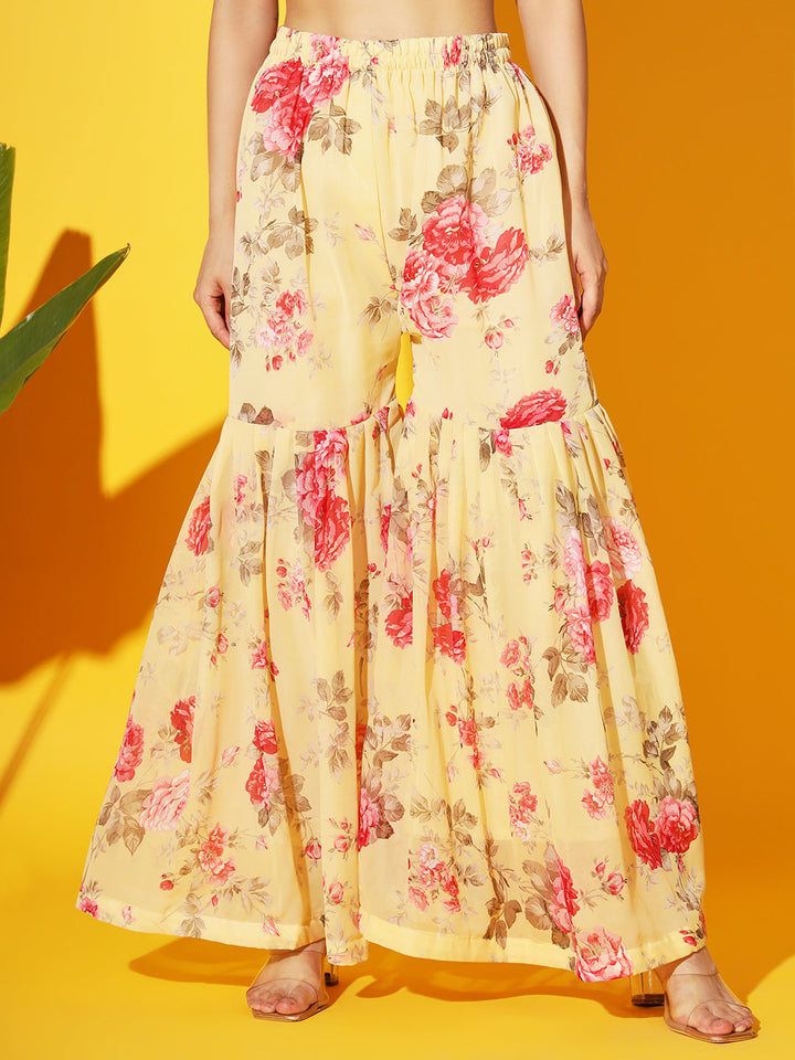 Bright Floral Georgette Peplum Kurta Sharara Set with Net Dupatta