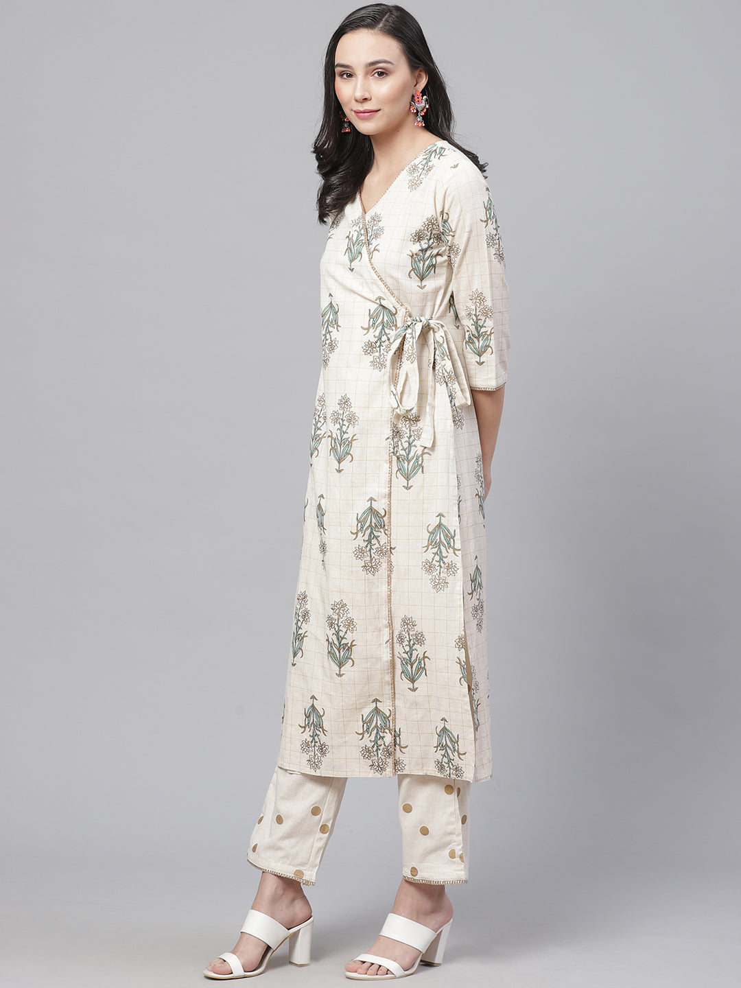 Made to Measure Jute Cotton Angrakha Kurta Pants Set With Gold Prints & GotaPatti Trims