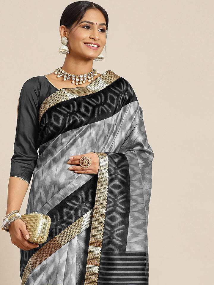 Black Ikat Inspired Geometric Printed Silk Blend Saree