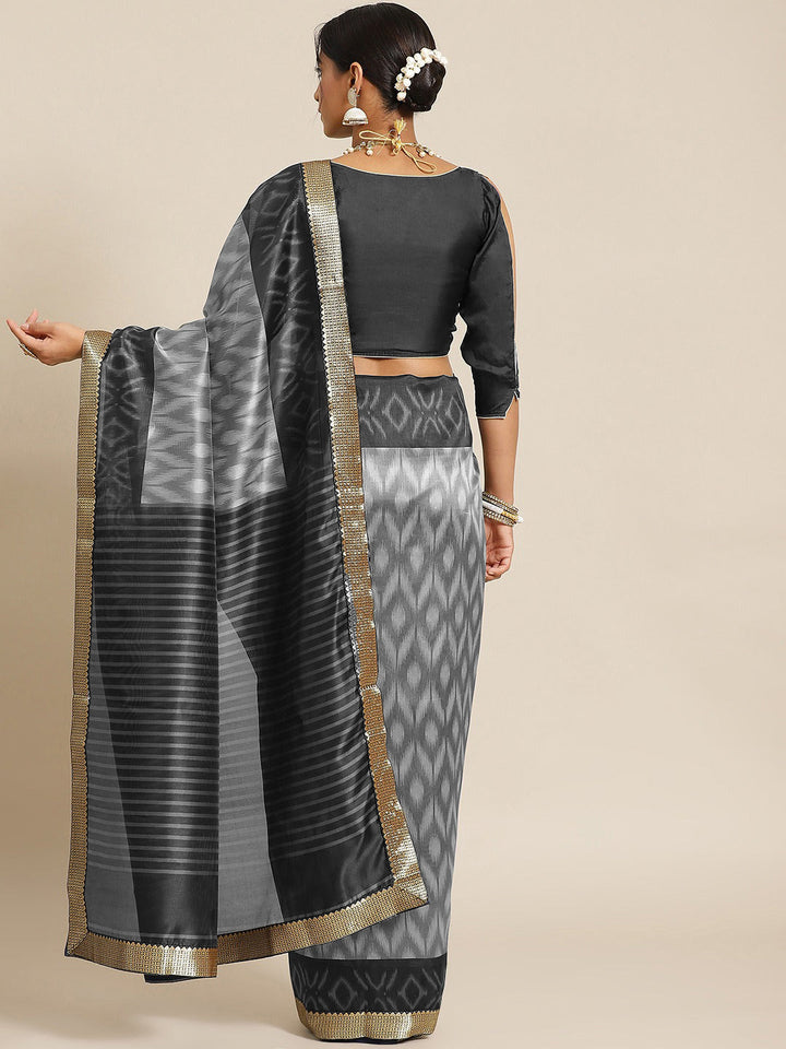 Black Ikat Inspired Geometric Printed Silk Blend Saree